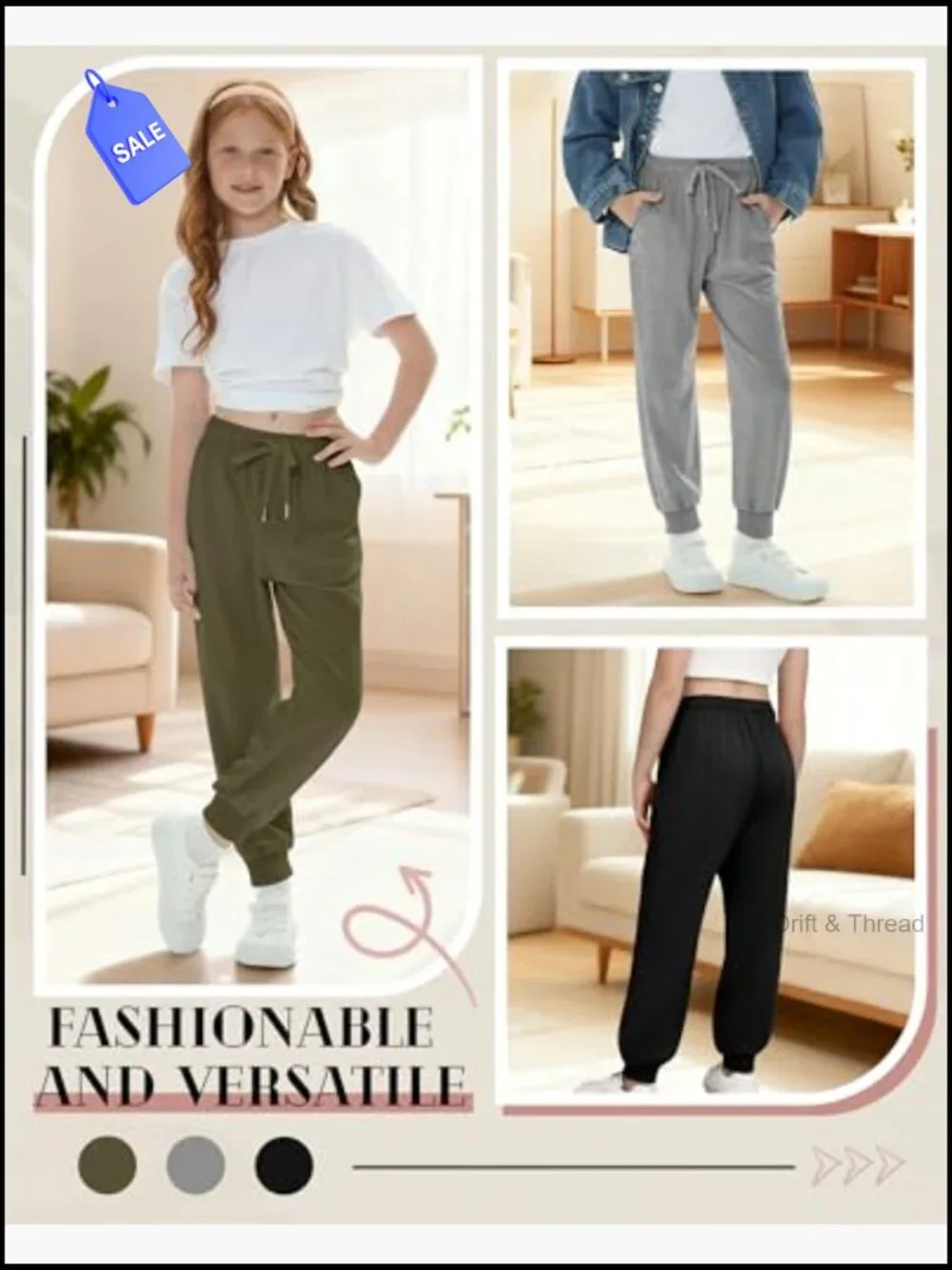 3 Pack Girls Sweatpants Joggers Baggy Lightweight Athletic Drawstring Pants